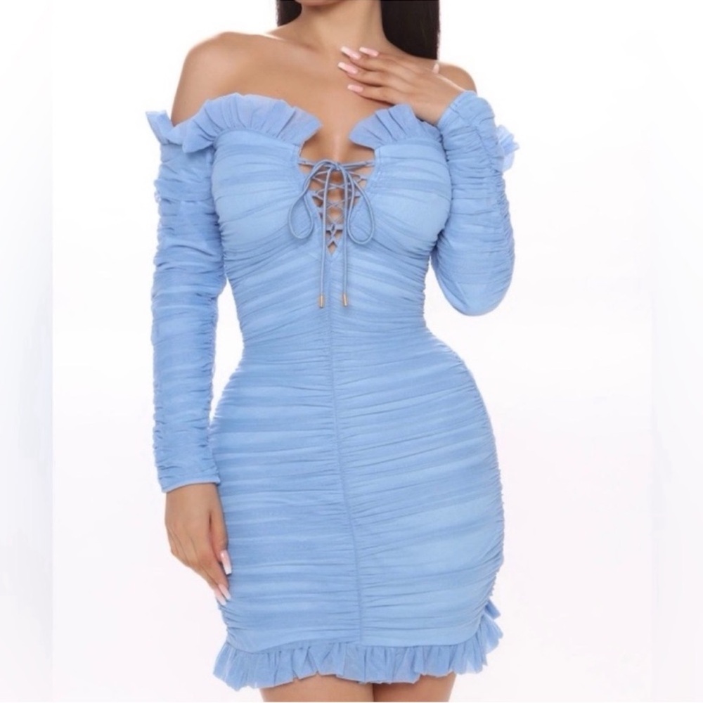 Fashion Nova Light Blue Off-Shoulder Dress